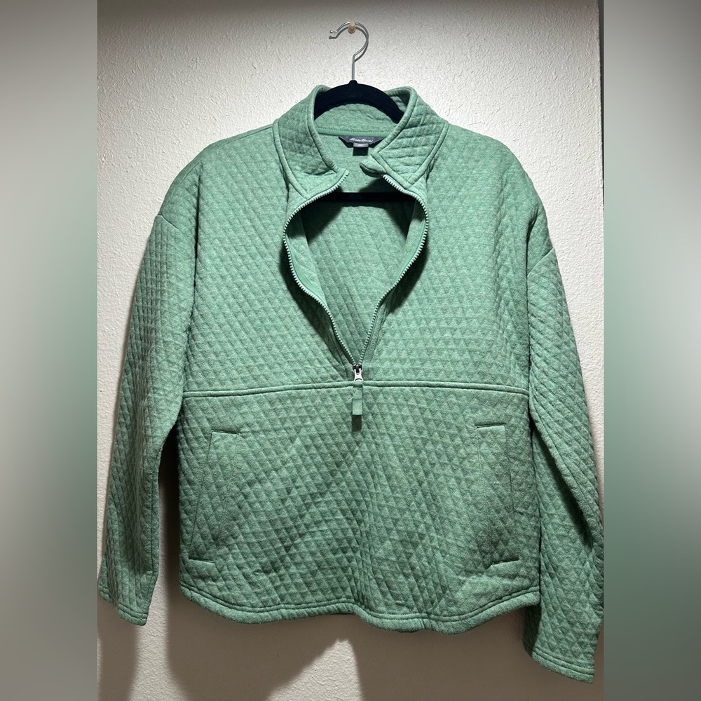 Green quilted pattern Eddie Bauer Quarter-Zip Pullover. Size L.